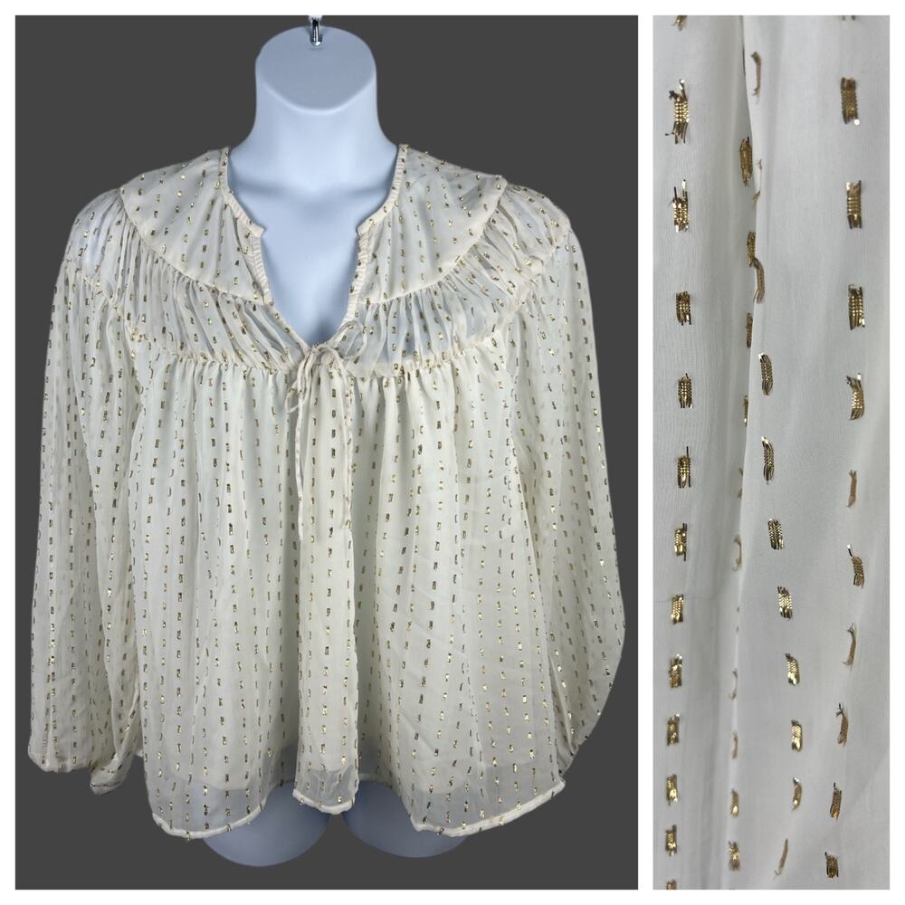 Old Navy Cream Gold Peasant Blouse Shimmer‎ Long Sleeve V Neck Plus Size XXL